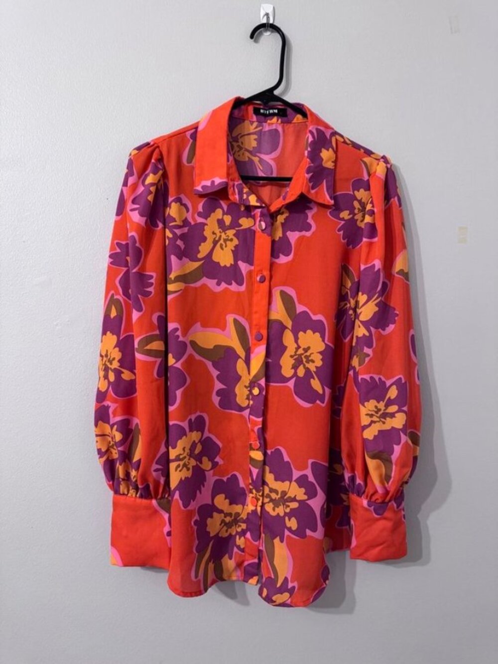 BTFBM Women’s Large Orange Purple Floral Button Down Blouse Long Sleeve